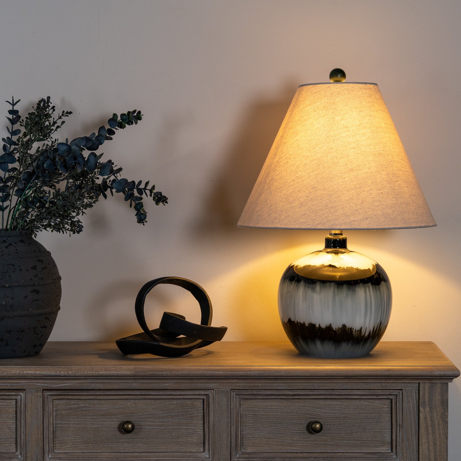 Midnight Shadows Squat Black Table Lamp with Linen Shade – 54cm