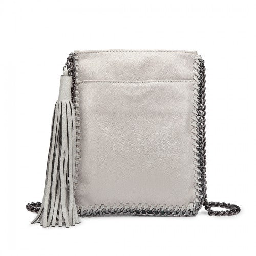 Miss Lulu Leather Look Chain Shoulder Bag with Tassel Pendant - Grey