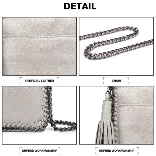 Miss Lulu Leather Look Chain Shoulder Bag with Tassel Pendant - Grey