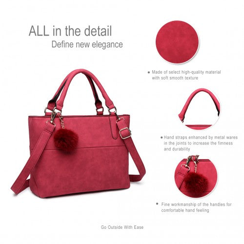 Miss Lulu PomPom Suede Shoulder Bag Claret