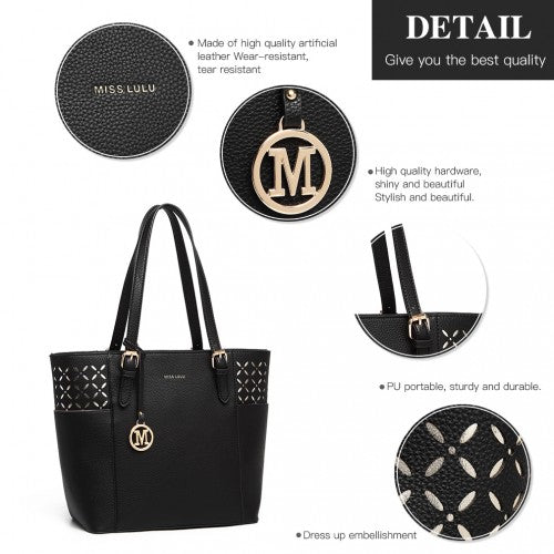MISS LULU LASER CUT OUT TOTE SHOPPER BAG - BLACK