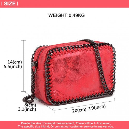 Miss Lulu Metallic Effect Leather Look Chain Shoulder Bag - Red