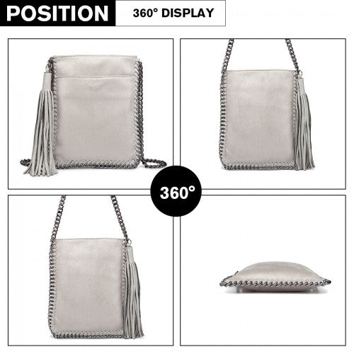 Miss Lulu Leather Look Chain Shoulder Bag with Tassel Pendant - Grey