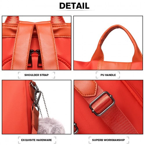 Miss Lulu Two Way Backpack Shoulder Bag with Pom Pom Pendant - Orange