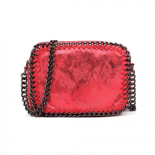 Miss Lulu Metallic Effect Leather Look Chain Shoulder Bag - Red