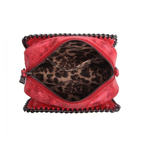 Miss Lulu Metallic Effect Leather Look Chain Shoulder Bag - Red