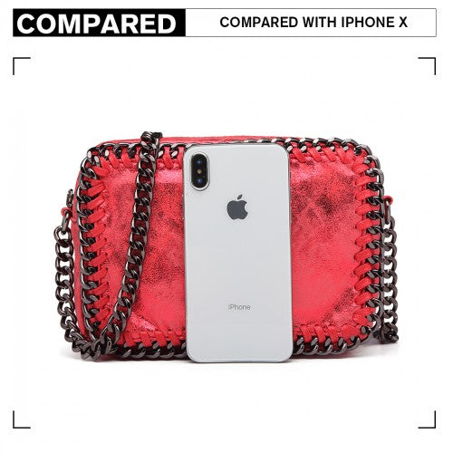 Miss Lulu Metallic Effect Leather Look Chain Shoulder Bag - Red