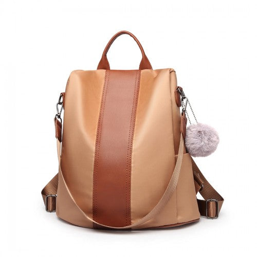 Miss Lulu Two Way Backpack Shoulder Bag with Pom Pom Pendant - Brown