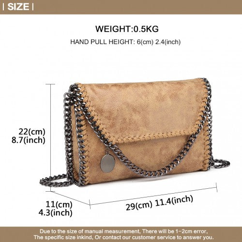 Miss Lulu Leather Look Chain Fold-over Shoulder Bag - Apricot