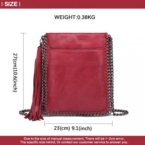 Miss Lulu Leather Look Chain Shoulder Bag with Tassel Pendant - Burgundy