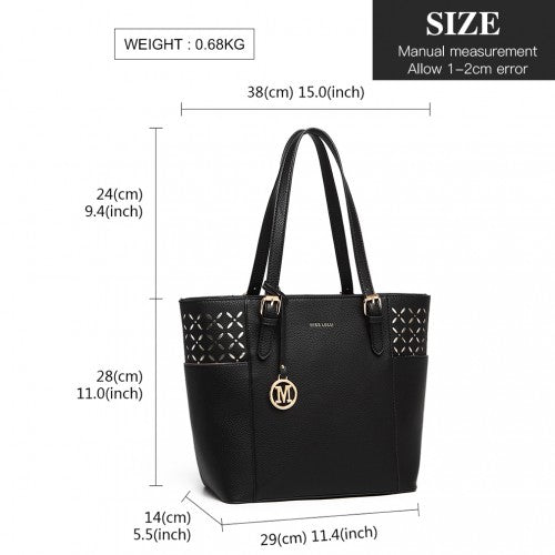 MISS LULU LASER CUT OUT TOTE SHOPPER BAG - BLACK