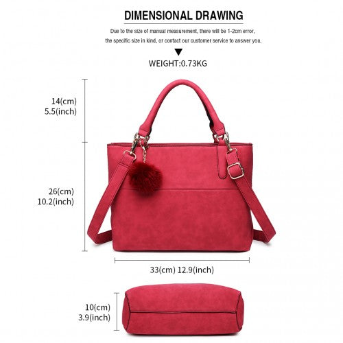 Miss Lulu PomPom Suede Shoulder Bag Claret