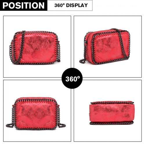 Miss Lulu Metallic Effect Leather Look Chain Shoulder Bag - Red