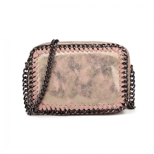Miss Lulu Metallic Effect Leather Look Chain Shoulder Bag - Pink