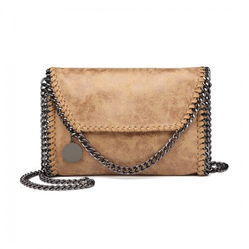 Miss Lulu Leather Look Chain Fold-over Shoulder Bag - Apricot