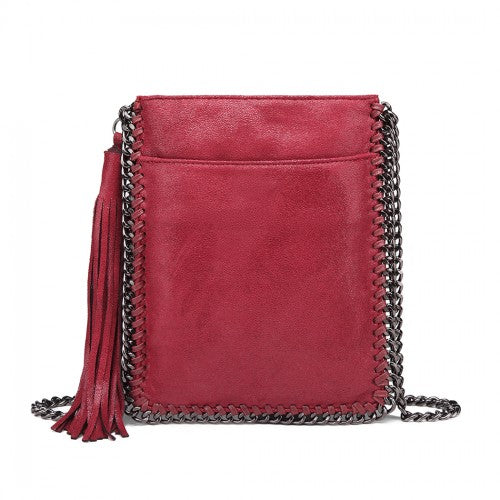 Miss Lulu Leather Look Chain Shoulder Bag with Tassel Pendant - Burgundy