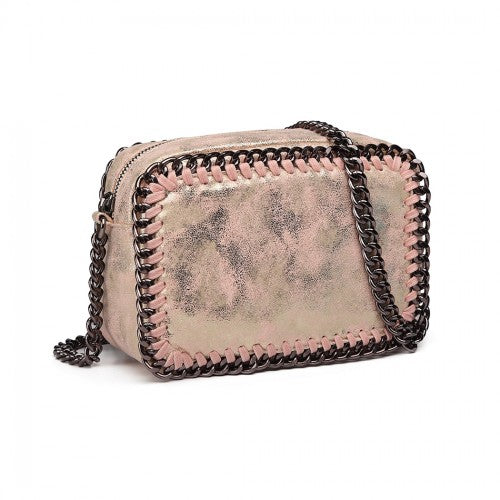 Miss Lulu Metallic Effect Leather Look Chain Shoulder Bag - Pink