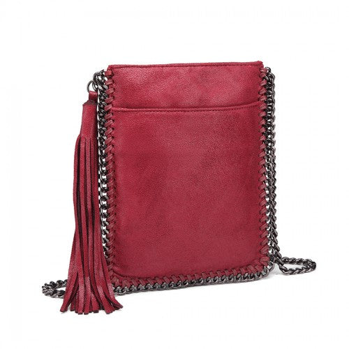 Miss Lulu Leather Look Chain Shoulder Bag with Tassel Pendant - Burgundy