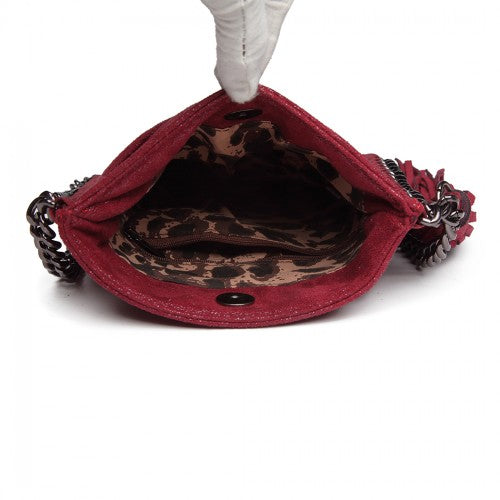 Miss Lulu Leather Look Chain Shoulder Bag with Tassel Pendant - Burgundy