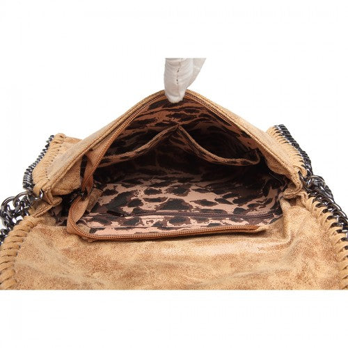Miss Lulu Leather Look Chain Fold-over Shoulder Bag - Apricot