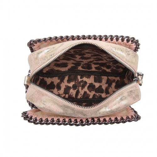 Miss Lulu Metallic Effect Leather Look Chain Shoulder Bag - Pink