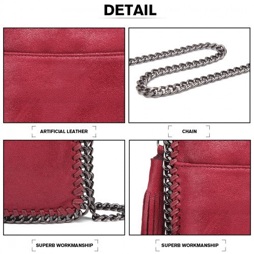 Miss Lulu Leather Look Chain Shoulder Bag with Tassel Pendant - Burgundy