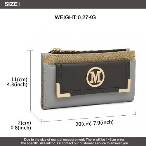 MISS LULU PEBBLED LEATHER LOOK M METAL LOGO LONG PURSE GREY