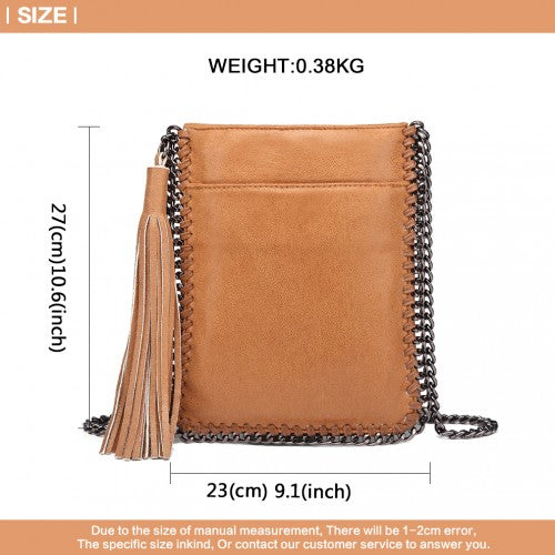 Miss Lulu Leather Look Chain Shoulder Bag with Tassel Pendant - Brown