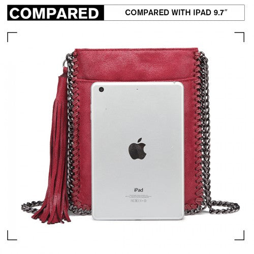 Miss Lulu Leather Look Chain Shoulder Bag with Tassel Pendant - Burgundy