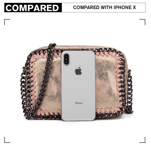 Miss Lulu Metallic Effect Leather Look Chain Shoulder Bag - Pink