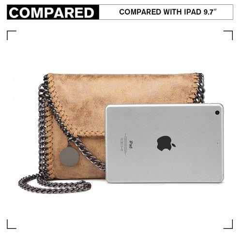 Miss Lulu Leather Look Chain Fold-over Shoulder Bag - Apricot