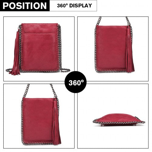 Miss Lulu Leather Look Chain Shoulder Bag with Tassel Pendant - Burgundy