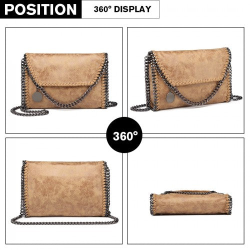 Miss Lulu Leather Look Chain Fold-over Shoulder Bag - Apricot