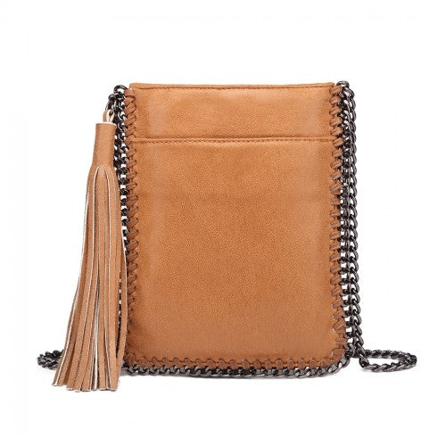 Miss Lulu Leather Look Chain Shoulder Bag with Tassel Pendant - Brown