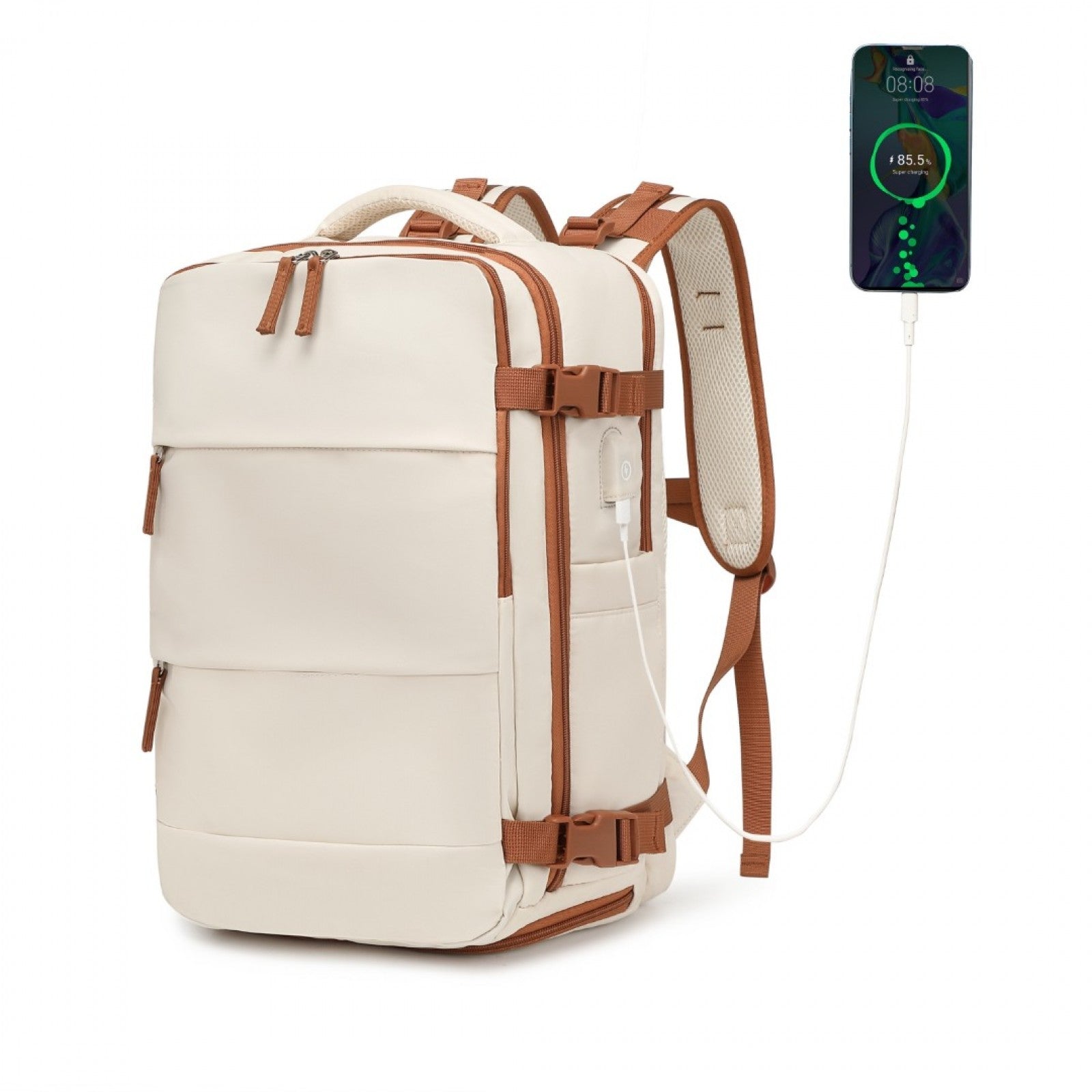 Kono Multi - Functional Breathable Travel Backpack With USB Charging Port And Separate Shoe Compartment - Beige And Brown
