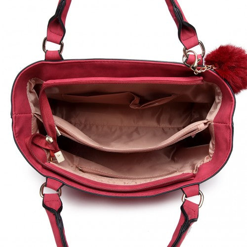 Miss Lulu PomPom Suede Shoulder Bag Claret