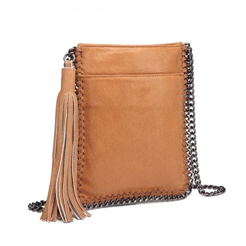Miss Lulu Leather Look Chain Shoulder Bag with Tassel Pendant - Brown