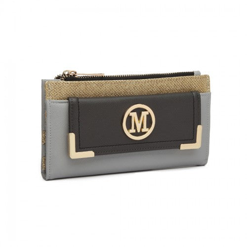 MISS LULU PEBBLED LEATHER LOOK M METAL LOGO LONG PURSE GREY