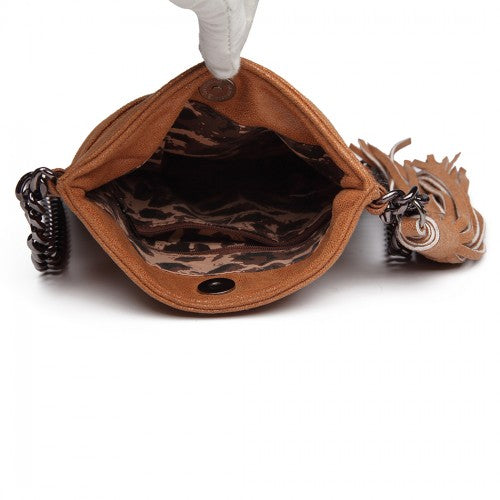 Miss Lulu Leather Look Chain Shoulder Bag with Tassel Pendant - Brown