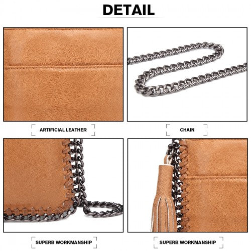 Miss Lulu Leather Look Chain Shoulder Bag with Tassel Pendant - Brown