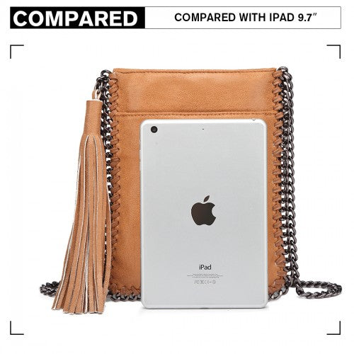 Miss Lulu Leather Look Chain Shoulder Bag with Tassel Pendant - Brown