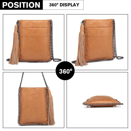 Miss Lulu Leather Look Chain Shoulder Bag with Tassel Pendant - Brown