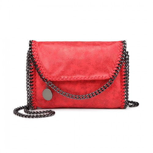 Miss Lulu Leather Look Chain Fold-over Shoulder Bag - Red