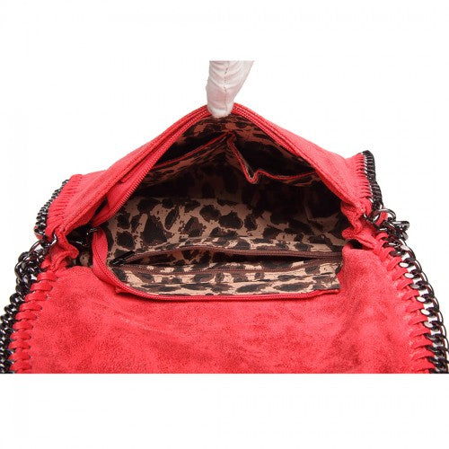 Miss Lulu Leather Look Chain Fold-over Shoulder Bag - Red