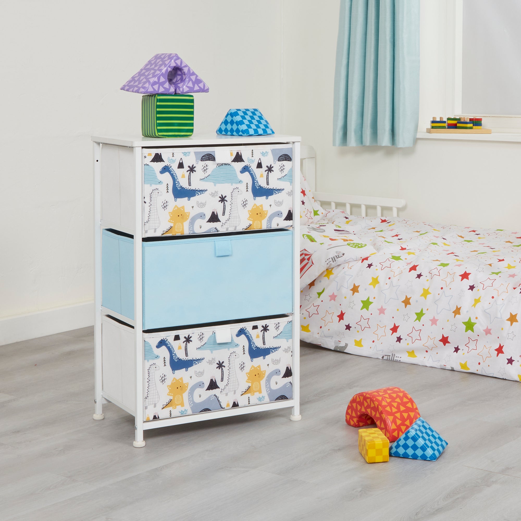 Dinosaur 3 Drawer Storage Chest – Kids Wooden Toy Organiser with Removable Drawers