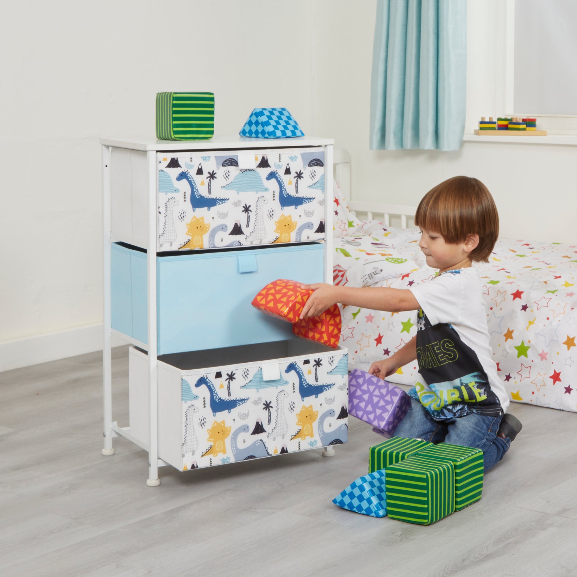 Dinosaur 3 Drawer Storage Chest – Kids Wooden Toy Organiser with Removable Drawers