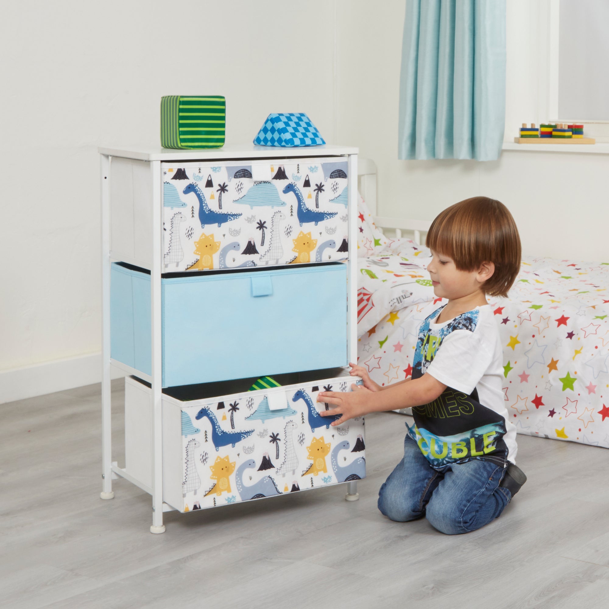 Dinosaur 3 Drawer Storage Chest – Kids Wooden Toy Organiser with Removable Drawers