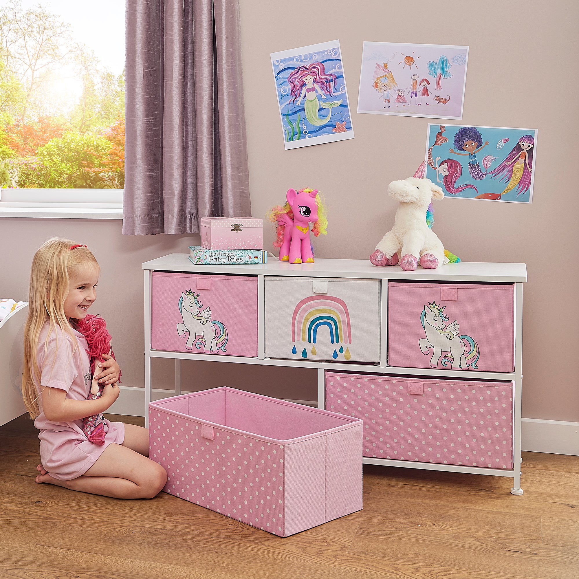 Unicorn 5 Drawer Storage Chest – Kids Magical Toy Organiser with 2 Drawer Sizes