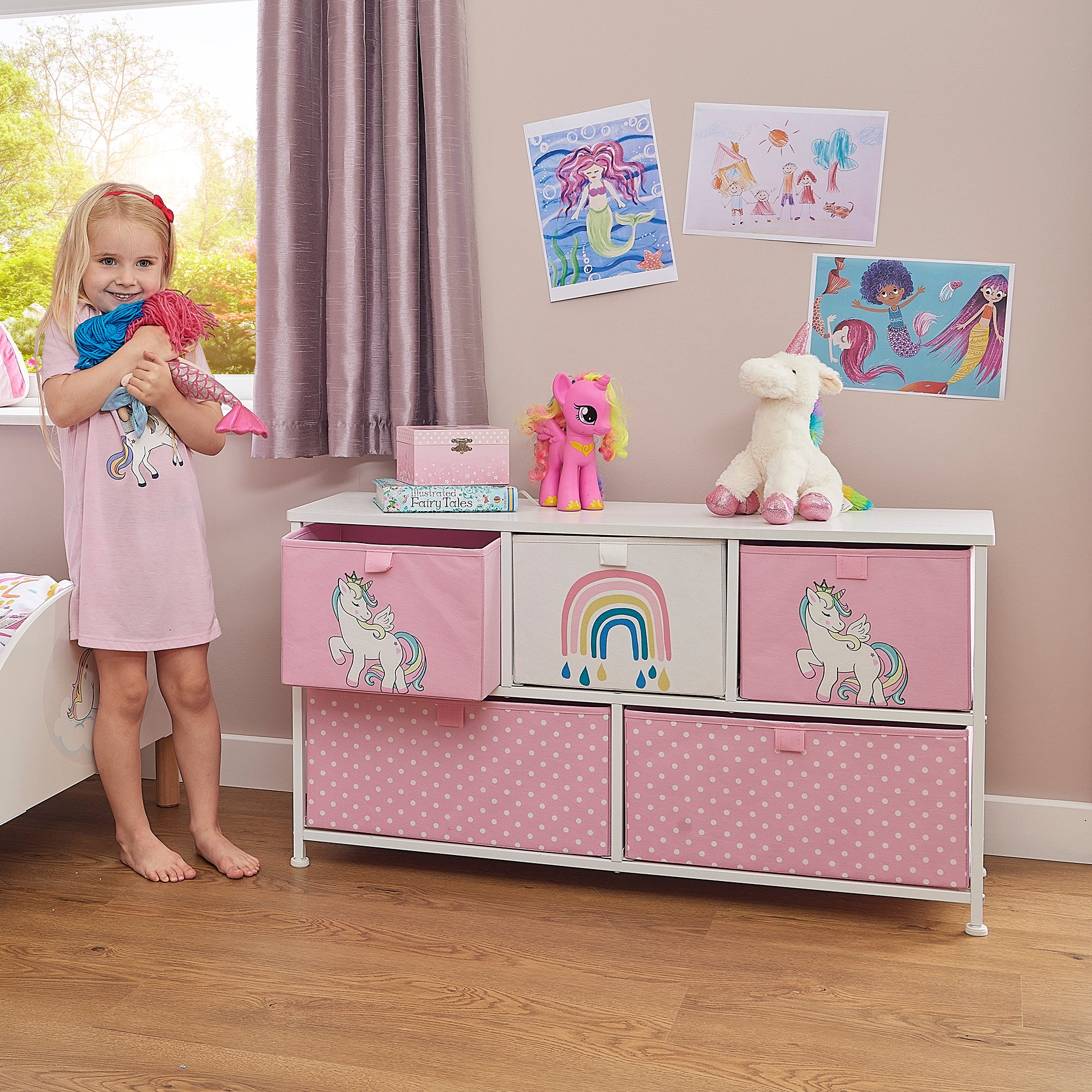 Unicorn 5 Drawer Storage Chest – Kids Magical Toy Organiser with 2 Drawer Sizes