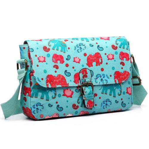 Miss Lulu Matte Oilcloth Medium Elephant Print Satchel Light Blue